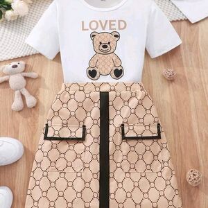 White T-Shirt with Bear Print and Tan Skirt Set